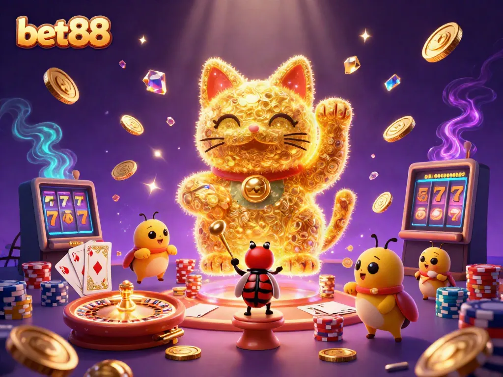 Experience the vibrant world of bet88 with a dynamic illustration showing a lucky cat and gaming elements bursting with energy.