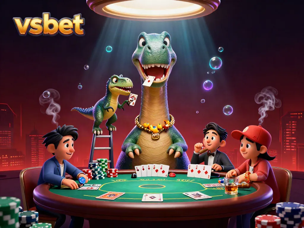 Join the fun with vsbet as the brontosaurus oversees an exciting poker game filled with dynamic characters and colorful chips.