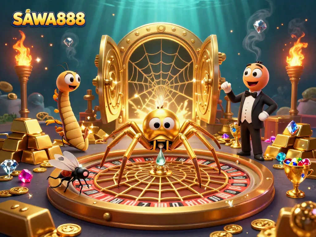Engage with SAWA888's thrilling betting atmosphere featuring a golden spider and roulette.