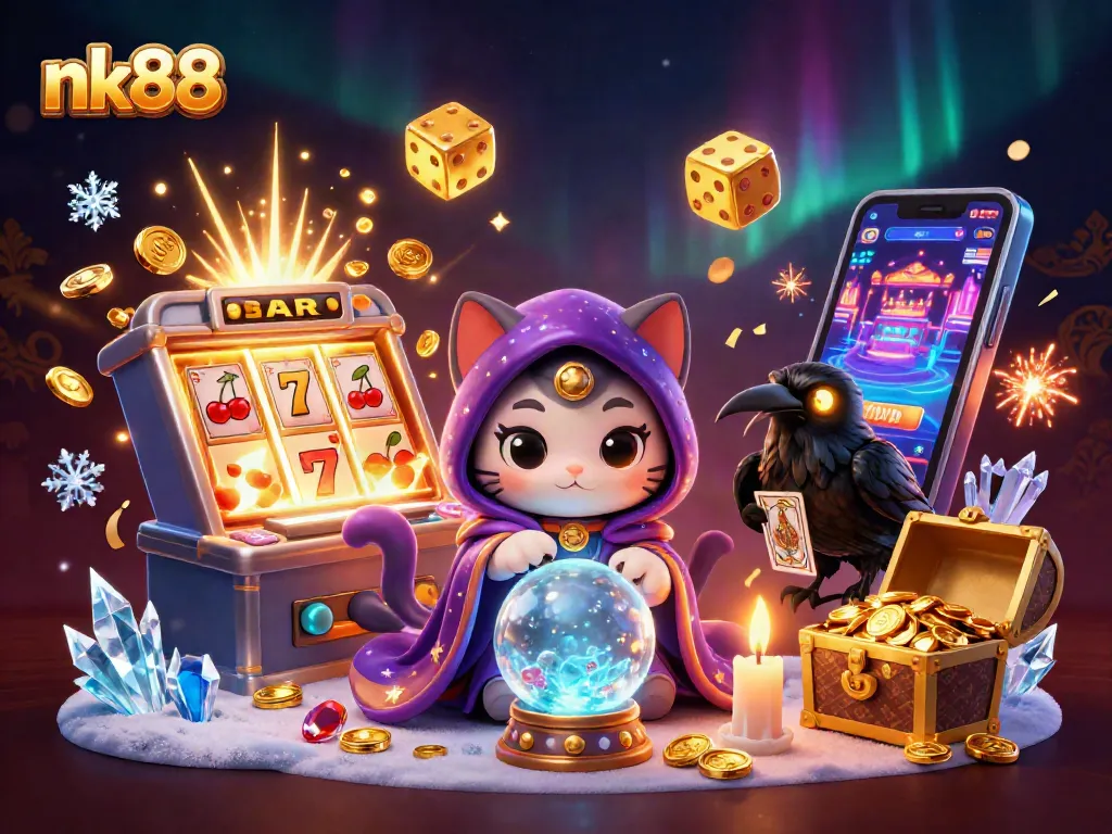 Experience nk88's thrilling casino adventure with a mystical cat, raven, and a jackpot explosion!