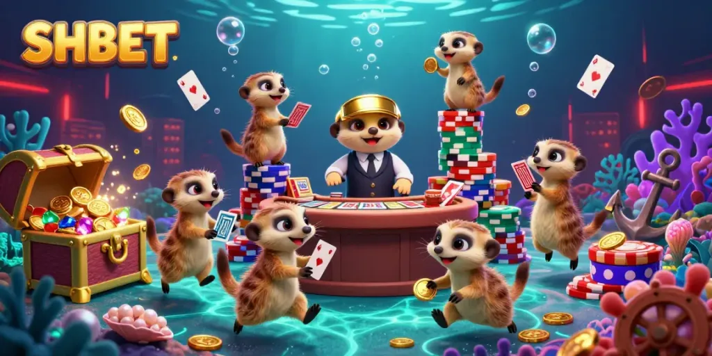 Experience SHBET's vibrant casino atmosphere with playful meerkats managing games and treasure.