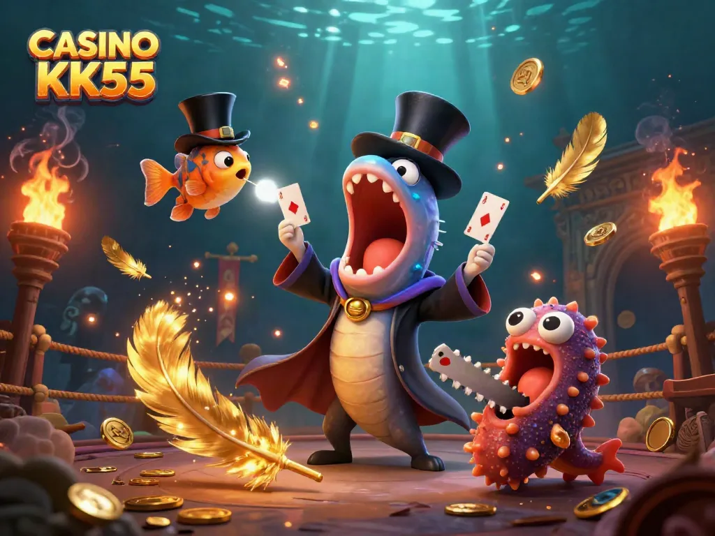 Engage in exciting plays at CASINO KK55 with a magical underwater scene showcasing a deep-sea eel performing card tricks.