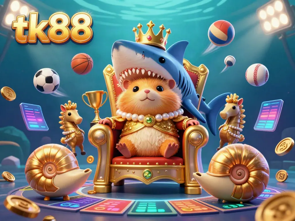 Experience thrilling tk88 gameplay with a golden hamster king atop a megalodon throne, surrounded by dynamic sports elements.