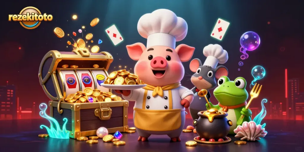 Experience rezekitoto thrilling gameplay with cartoon characters serving gold coins in a vibrant casino setting.