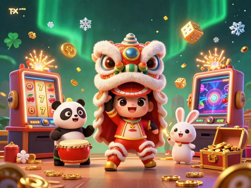 Engage with TX88's lively casino scene featuring a lion dance, slot machines, and rich decorations.