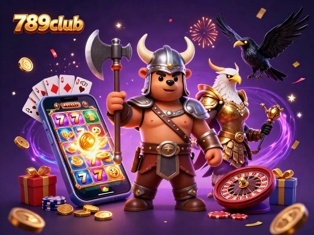 Engage with thrilling 789club gameplay featuring a Viking bear and Valkyrie in a dynamic casino scene