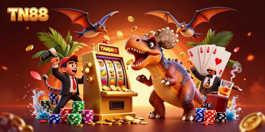 Experience the excitement at TN88 as a pachycephalosaurus activates a jackpot slot machine amidst dynamic casino elements.