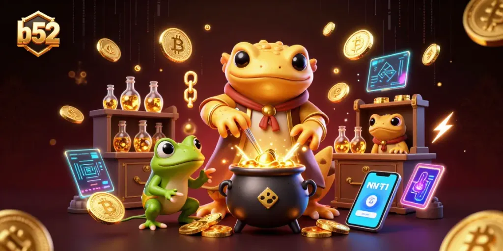 Spin the reels with b52 in a dynamic casino scene featuring gold coins and crypto elements.