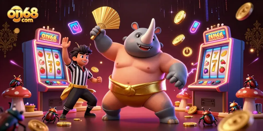 Experience thrilling game adventures with on68 com as the rhinoceros beetle champion unleashes golden coins in a vibrant casino.