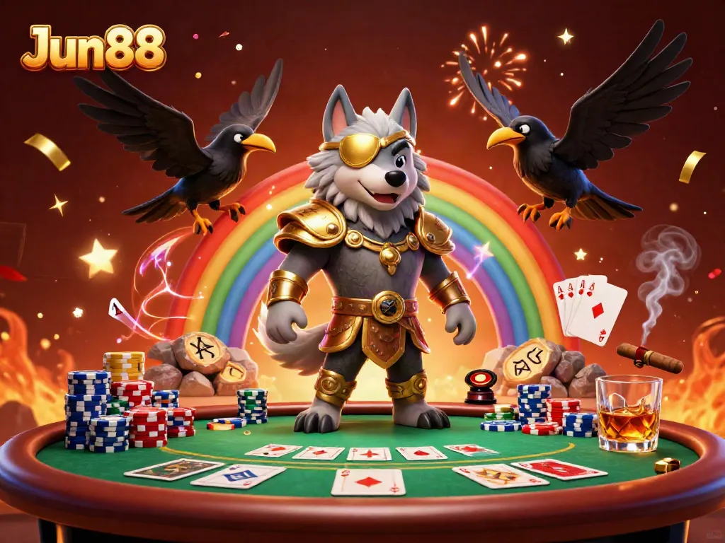 Engage in thrilling gameplay at Jun88, featuring a Norse-inspired casino scene with Odin and ravens.