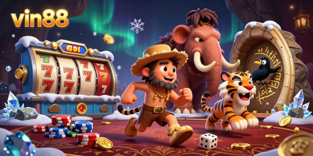 vin88 casino illustration featuring a caveman duo and a clever crow in a lively prehistoric setting.