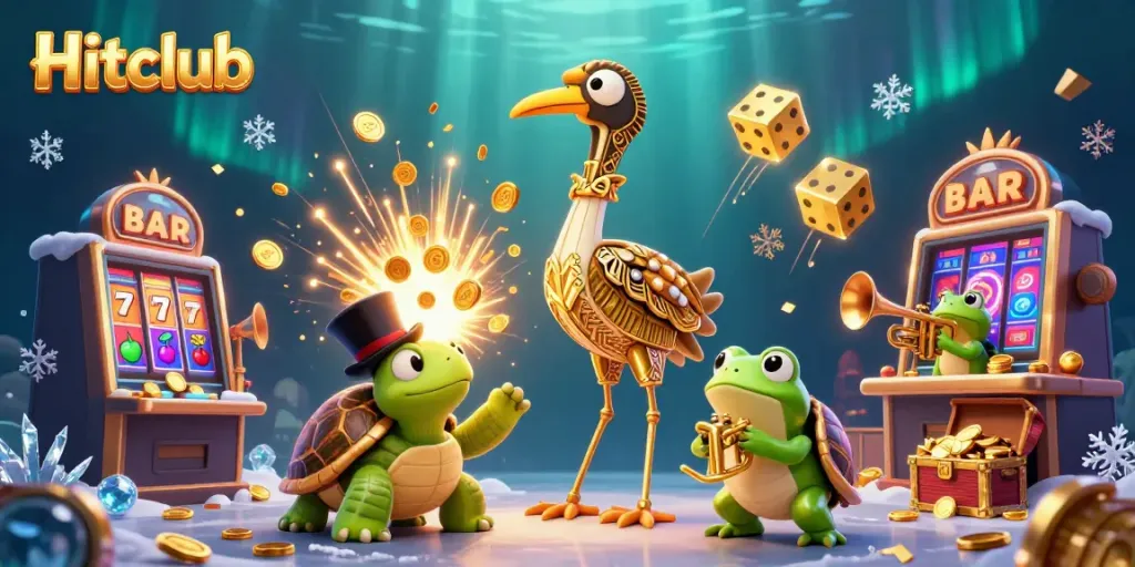 Experience the excitement of Hitclub with a dynamic illustration showcasing a lively casino scene filled with winnings and entertainment.