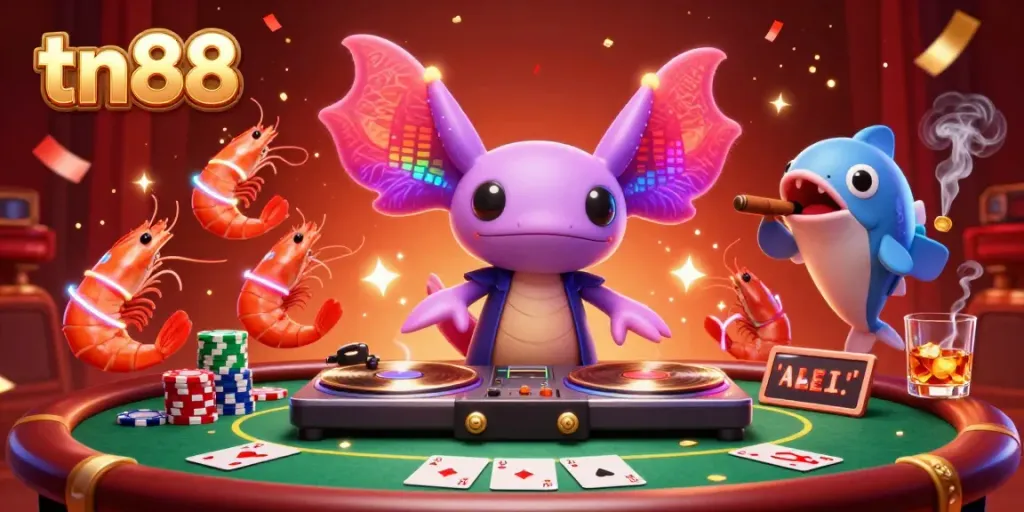 Engage in thrilling casino gameplay at tn88 with an electrifying axolotl DJ and friends celebrating.