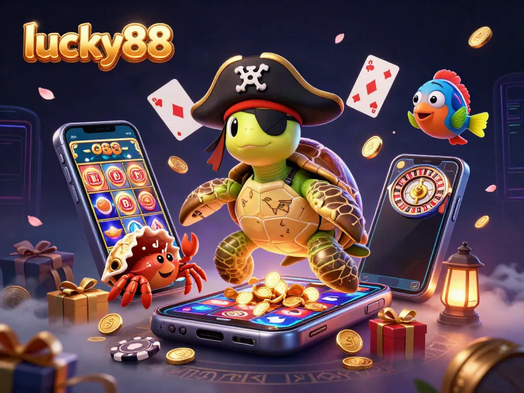 Engage with lucky88 through vibrant casino fun, featuring a cartoon turtle, crab, and parrotfish above treasure.