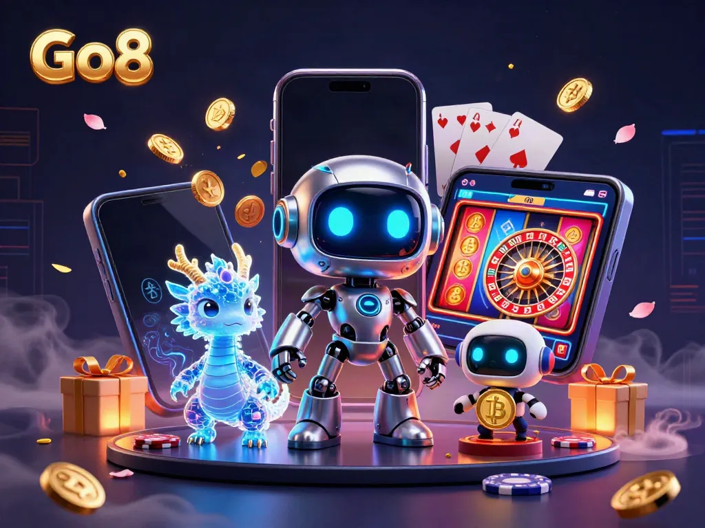 Engage in the Go8 casino experience with a vibrant scene of gaming excitement and digital elements.