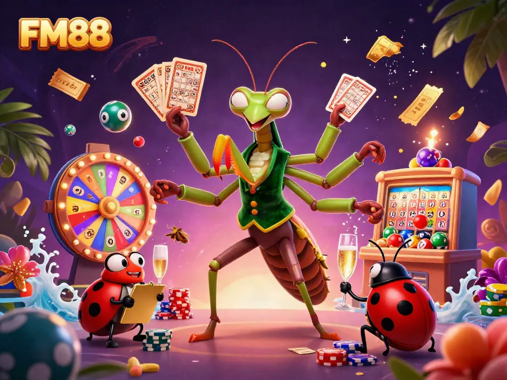 FM88 showcases a lively casino scene with a giant mantis dealer and ladybug pit boss amidst colorful game elements.
