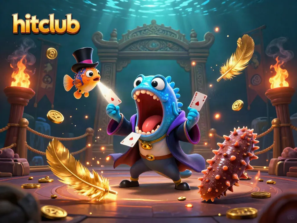 Hitclub-themed underwater casino scene featuring deep-sea creatures performing tricks among golden gambling elements.