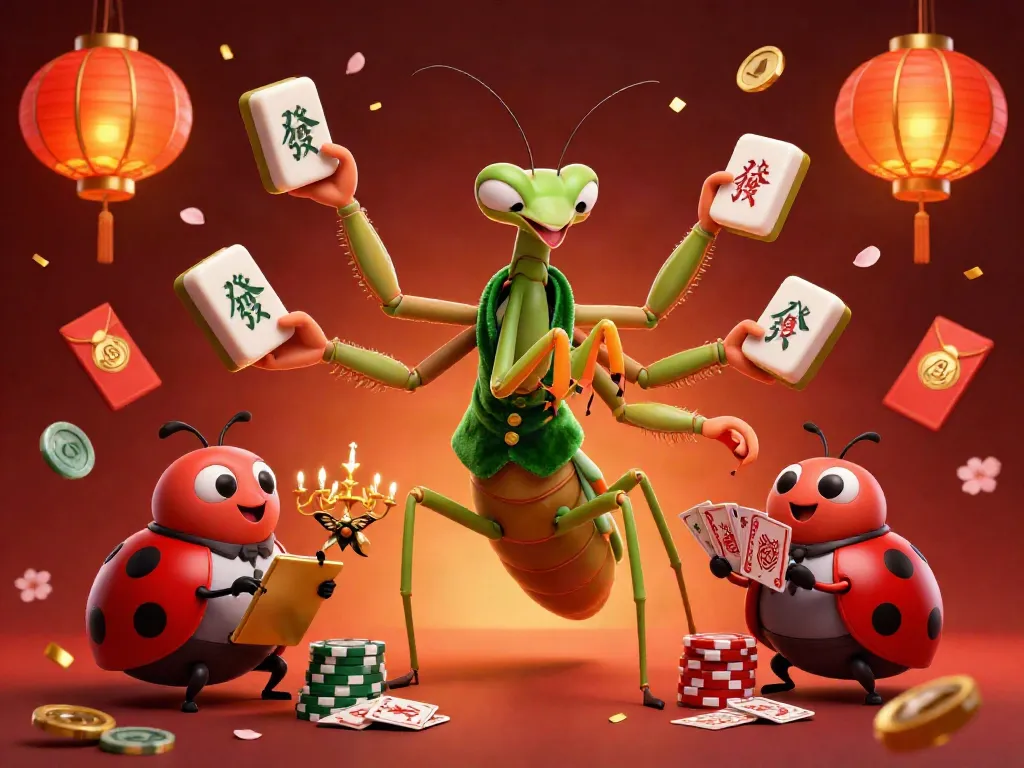 Engage in thrilling gaming at 11bet with giant mantis card sharp and ladybug pit boss in a vibrant casino.