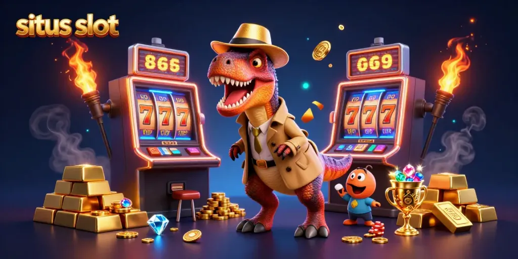 Sneak chips at a situs slot with a velociraptor card counter, stegosaurus pit boss, and compy amidst jewel-filled excitement.