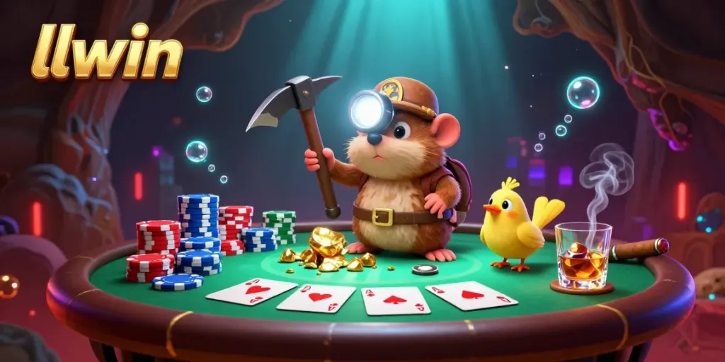 Join LLWIN's poker adventure as a treasure hunter mole digs for golden gems amid lively casino elements.