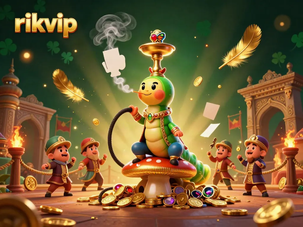 Experience the excitement and magic of rikvip through this 3D illustration of a caterpillar hookah-master in a colorful casino atmosphere.