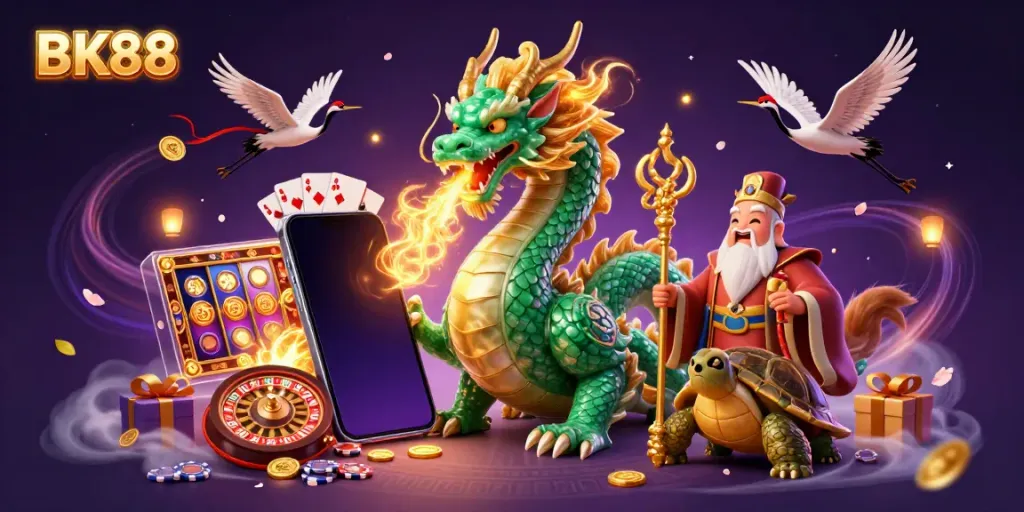 Experience thrilling gameplay at BK88 with a vibrant casino scene filled with dragons, lucky cranes, and immersive gaming elements.