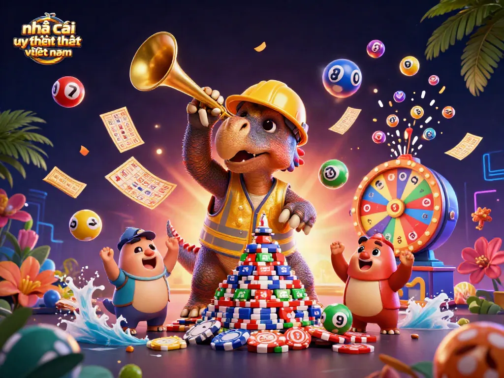 Action-packed scene showcasing nhà cái uy tín nhất việt nam with a dynamic pyramid of poker chips and celebratory elements.