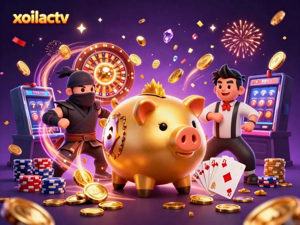 Xoilactv showcases a golden piggy bank sumo wrestler celebrating with coins and gems in a dynamic casino scene.