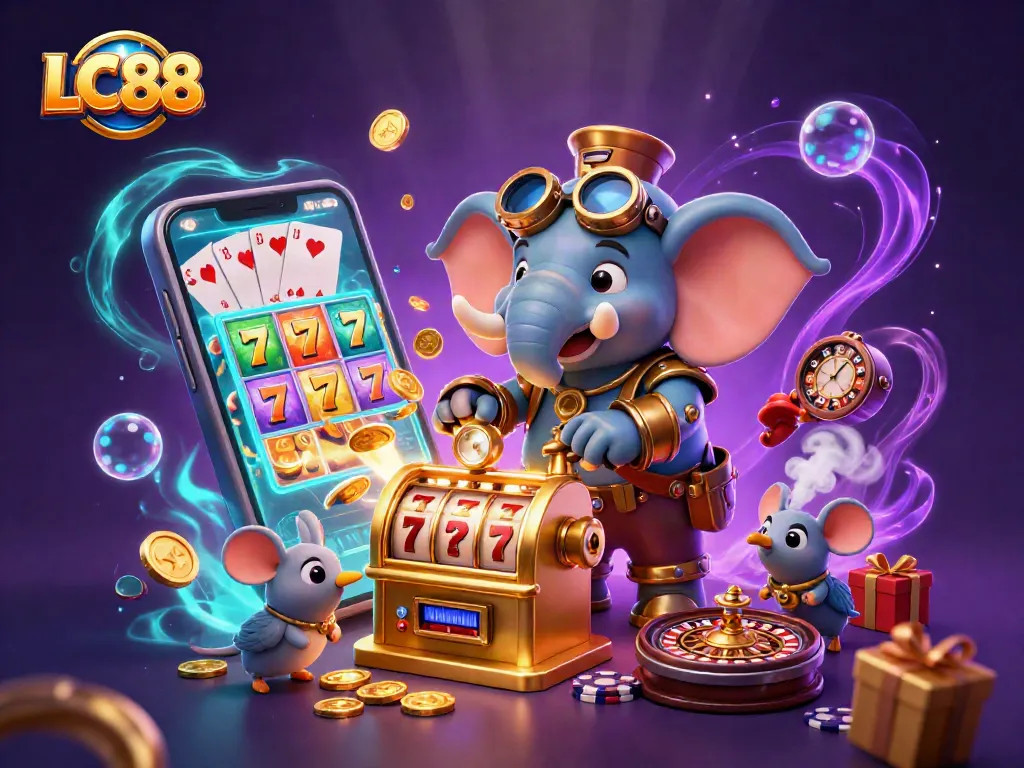 Experience thrilling gaming with LC88's 3D steampunk scene featuring vibrant slot action and casino elements.