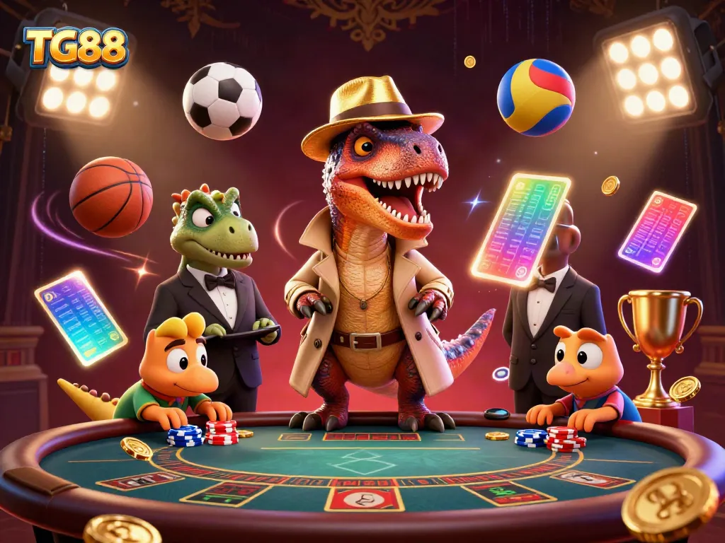 Experience the thrilling atmosphere of TG88 with a velociraptor card counter at the blackjack table amidst a dynamic casino scene.