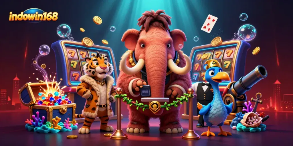 Engage with indowin168's dynamic casino scene featuring a mammoth bouncer and vibrant game elements.