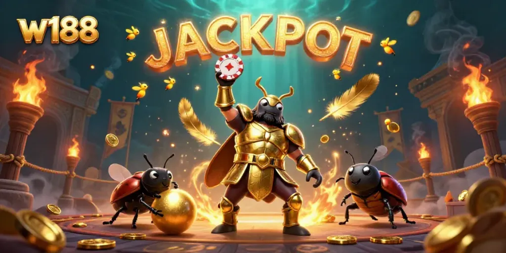 Experience the thrill of w188 with vibrant cartoon beetles celebrating a jackpot in a dynamic casino scene.