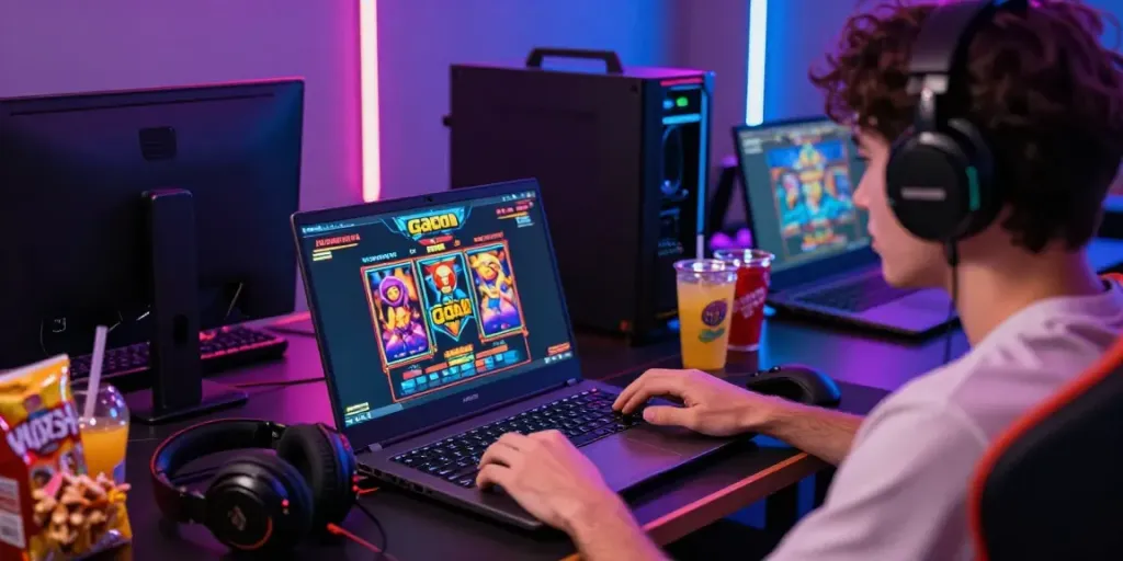 Player enjoying slot gacor hari ini on a laptop with vibrant gaming setup.