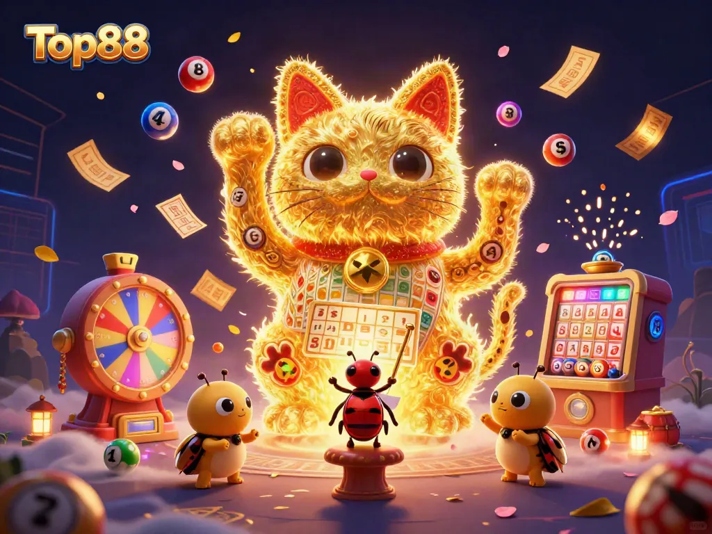 Experience the excitement of Top88 with a vibrant casino scene featuring a lucky cat and dynamic game elements.