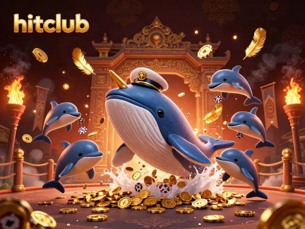 Experience the thrill of hitclub as playful dolphins, a whimsical whale, and a narwhal celebrate in a vibrant casino atmosphere.