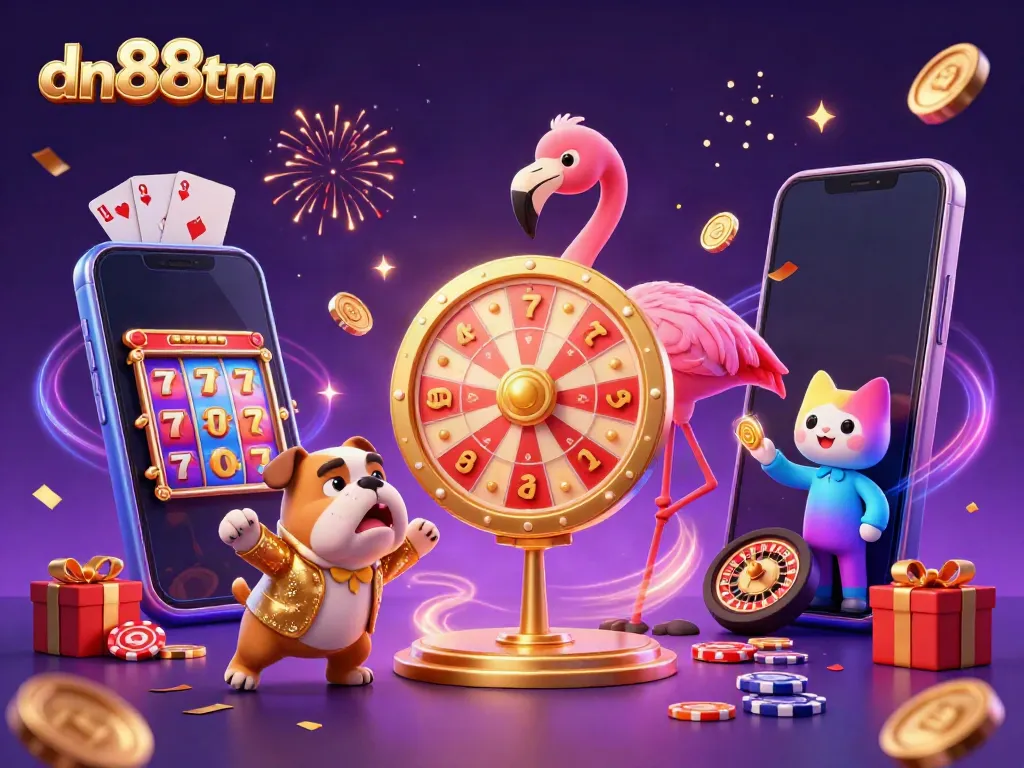 Engage with dn88tm's exciting casino experience featuring a game show host, a bulldog contestant, and vibrant gaming elements.