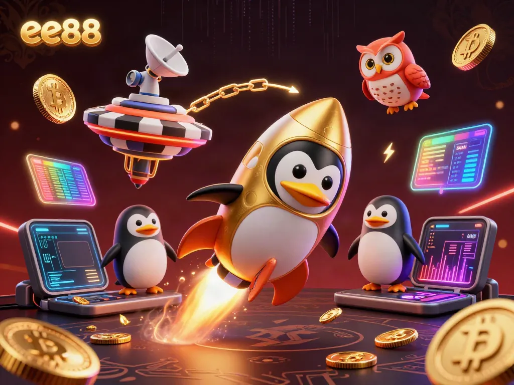 Experience thrilling moments at ee88 with a vibrant 3D illustration featuring a golden penguin in space.
