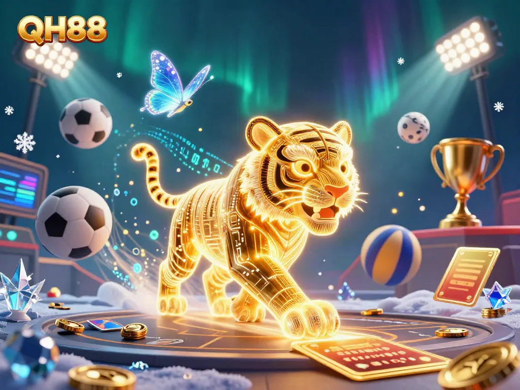Experience thrilling casino action with QH88 as a neon golden tiger leads the way through a dynamic gaming landscape.