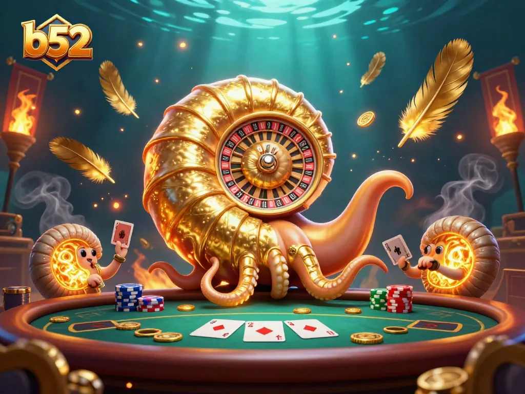Experience thrilling b52 card games with a giant nautilus dealer in an intoxicating casino scene.