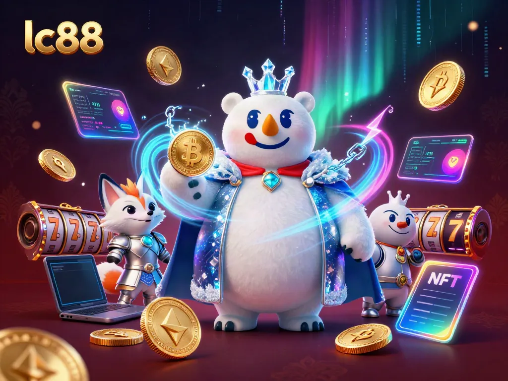 Engage with thrilling lc88 slots featuring a regal ice king, crypto coins, and dazzling effects.