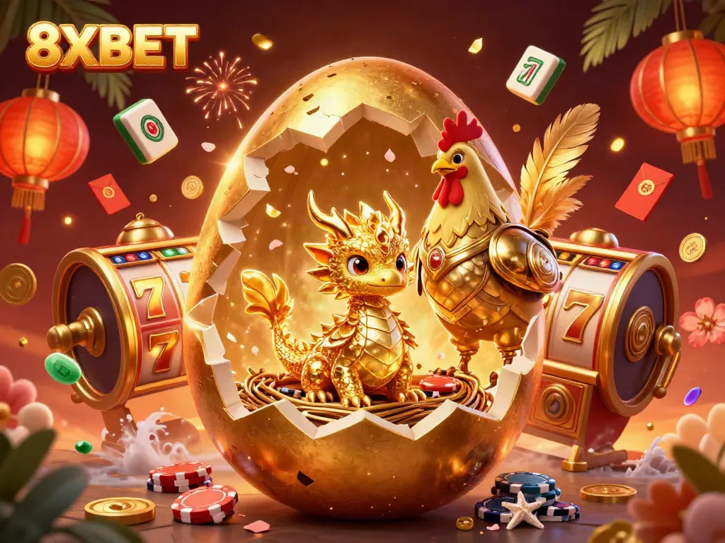 Experience the excitement of 8XBET with golden dragon symbols and slot reels in a vibrant 3D casino scene.
