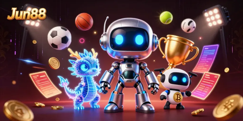 Engage in thrilling experiences at Jun88 with dynamic gaming elements and characters in a vibrant casino illustration.