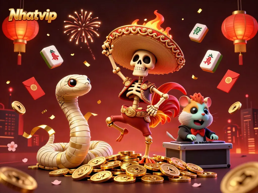 Nhatvip brings winning excitement with a vibrant illustration of lively casino characters.