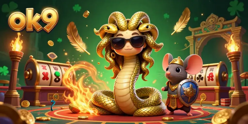 Spin the reels with luck at ok9, featuring vibrant Medusa and a warrior mouse in a casino atmosphere.