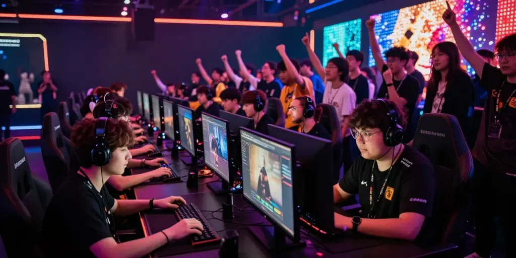 Garuda404 esports event with competitive players and energized crowd