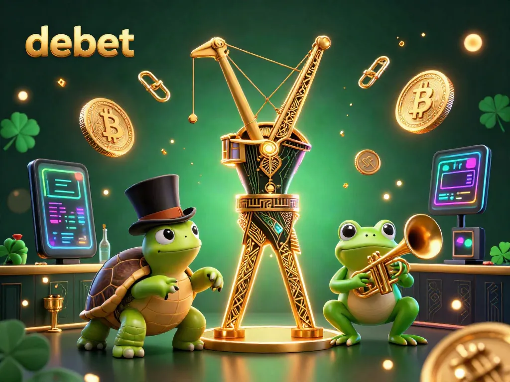 Experience thrilling gameplay with debet in a dynamic casino-themed scene featuring vibrant characters and crypto elements.