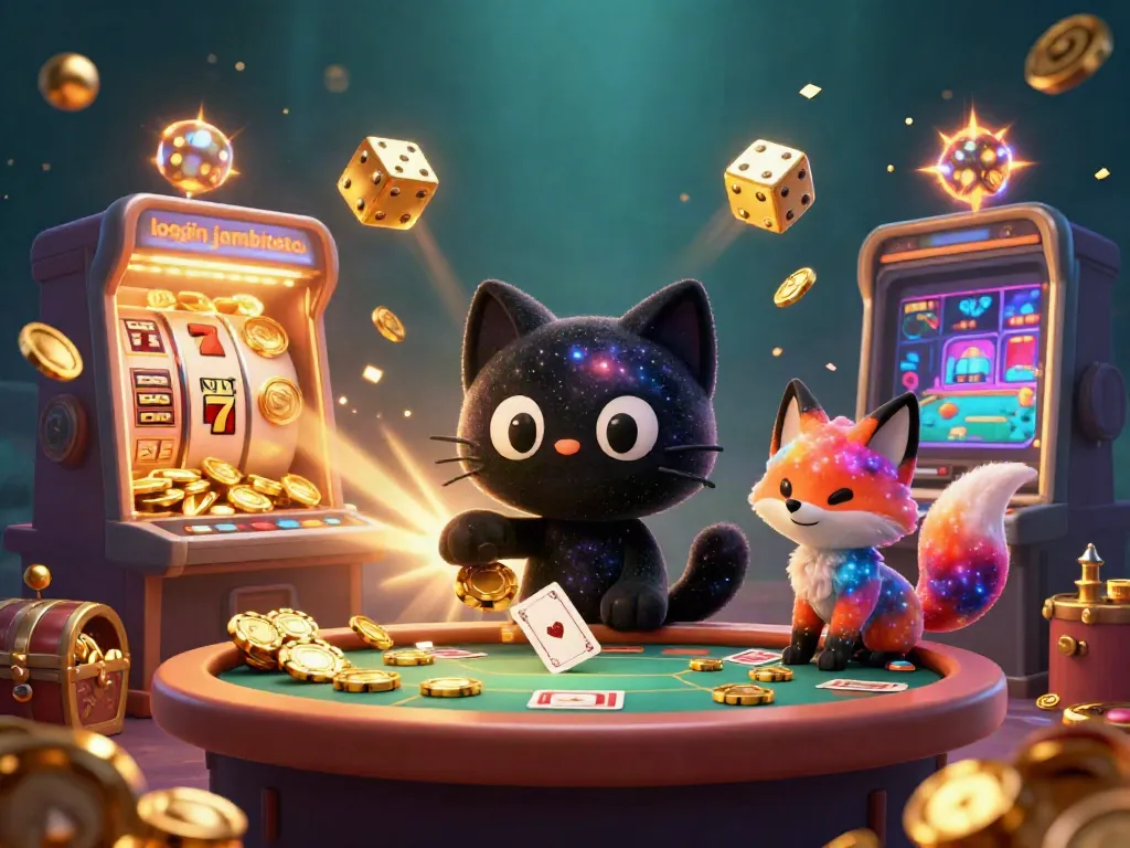Login jambitoto in a colorful casino scene featuring a black hole cat and a nebula fox.