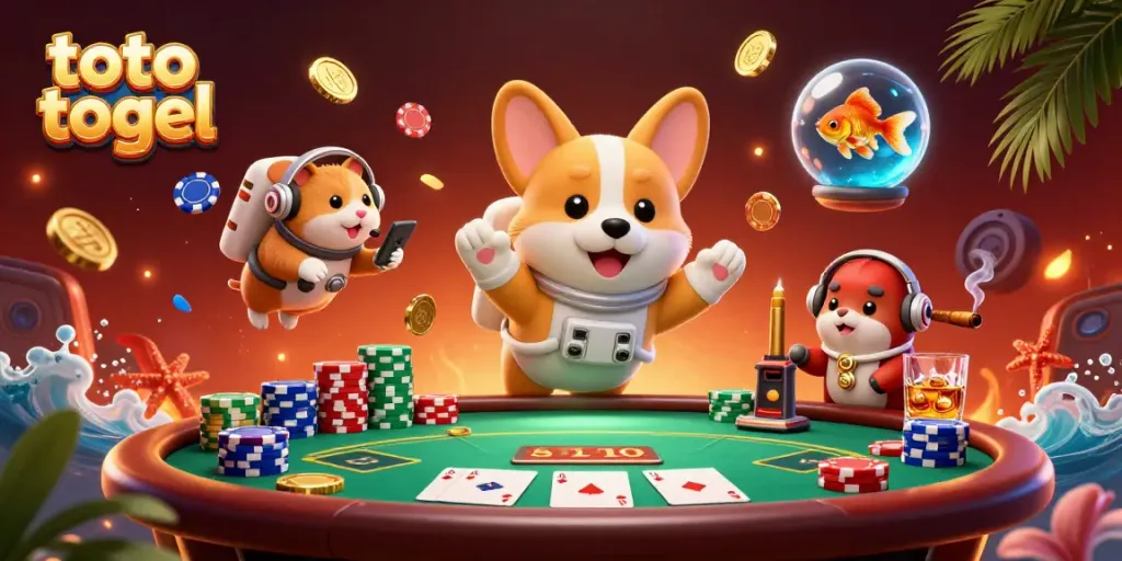 Engage in toto togel action surrounded by drifting poker chips and golden coins in a vibrant scene.