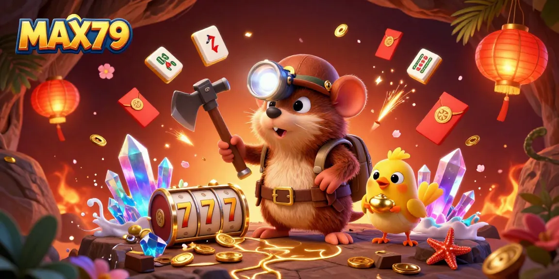 Maximize your winnings with MAX79's vibrant casino world, featuring a treasure hunter and winning symbols.