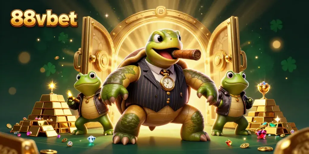 Engage with thrilling 88vbet experiences in a vibrant casino scene featuring a mobster turtle.